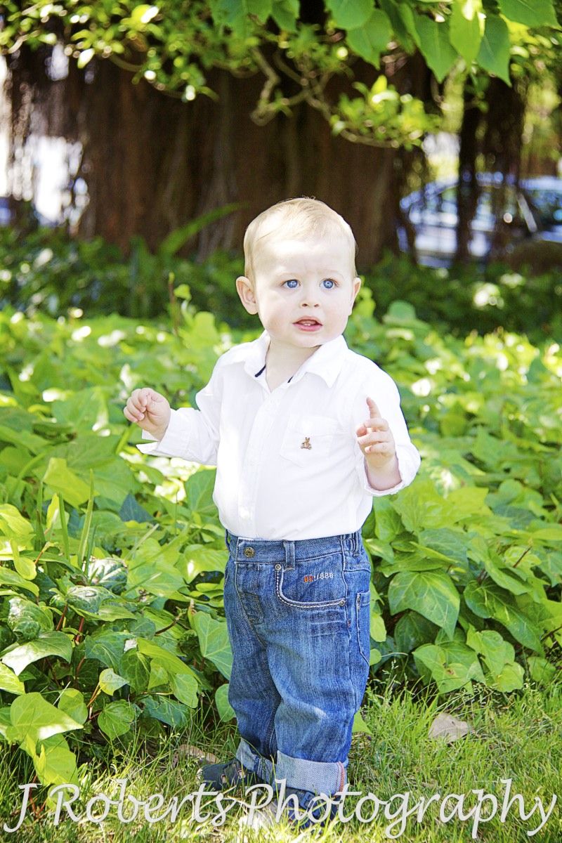 Little boy in white shirt and jeans - family portrait photography sydney